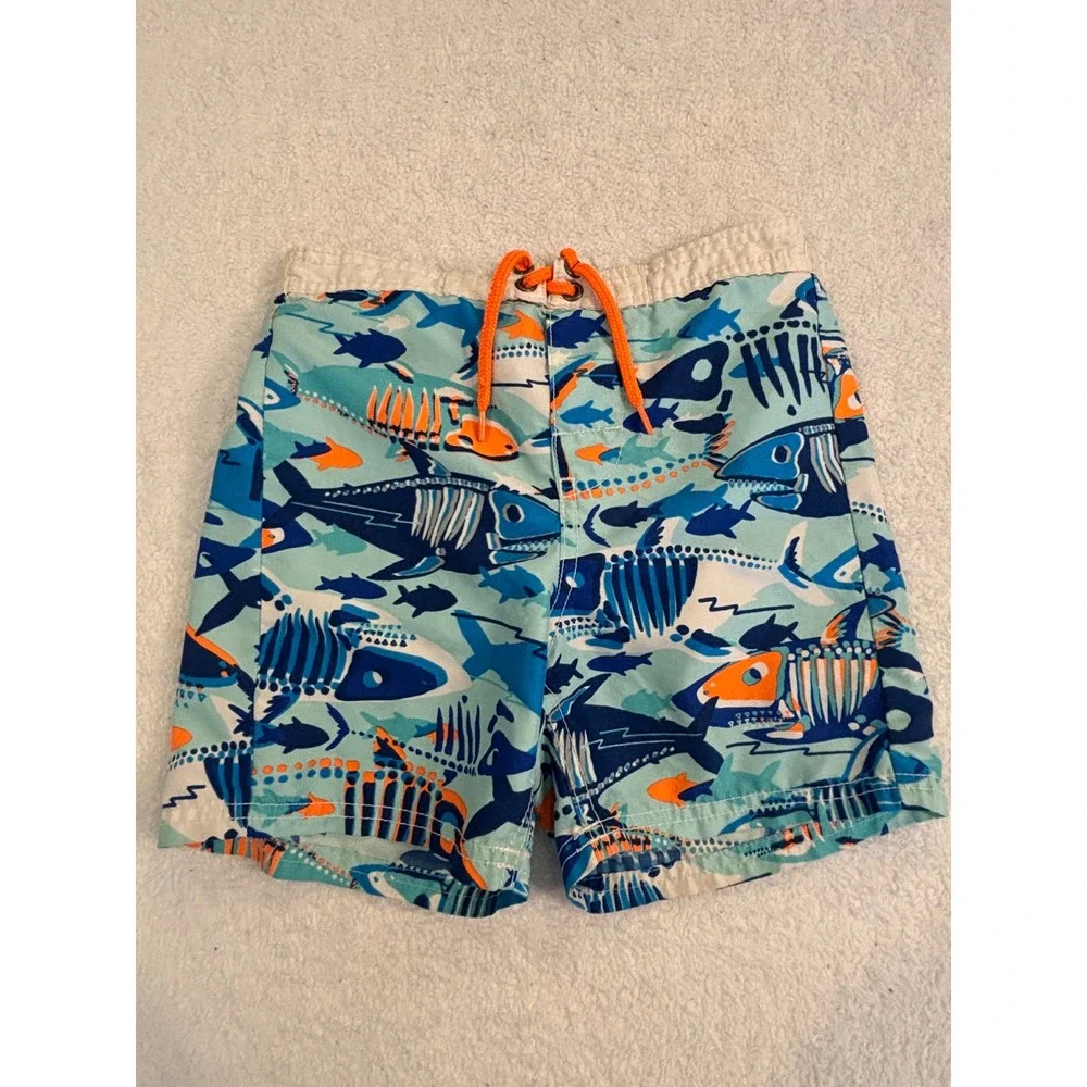 OshKosh Bgosh Boys‎ 4T Swim Trunks Blue Orange Fish Skeleton Shark Board Shorts